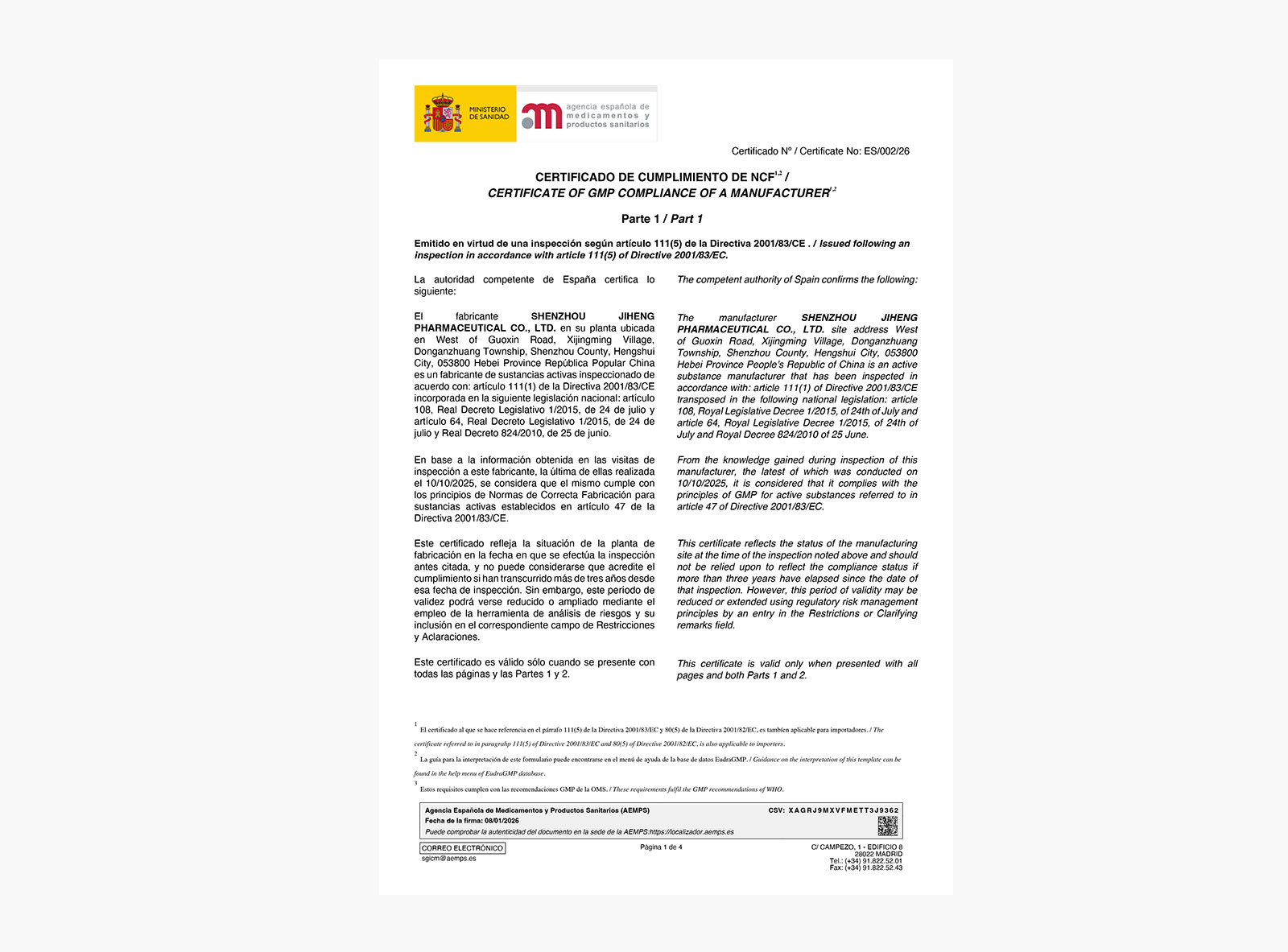 Certificado de Cumplimiento NCF_ES00226_Shenzhou Plant API Paracetamol_08.01.2026